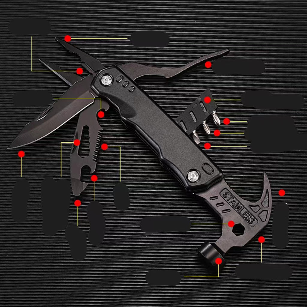 Herramienta Multiusos Táctica - Martillo y Alicates Plegables de Acero Inoxidable - Equipo de Emergencia y Camping 12-en-1