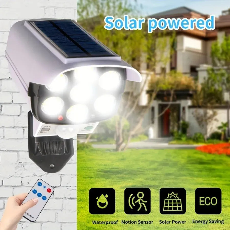 Cámara de Seguridad Ficticia con Foco Solar - 77 LED de Alta Potencia y Sensor de Movimiento - Protección Disuasoria Impermeable para Exteriores