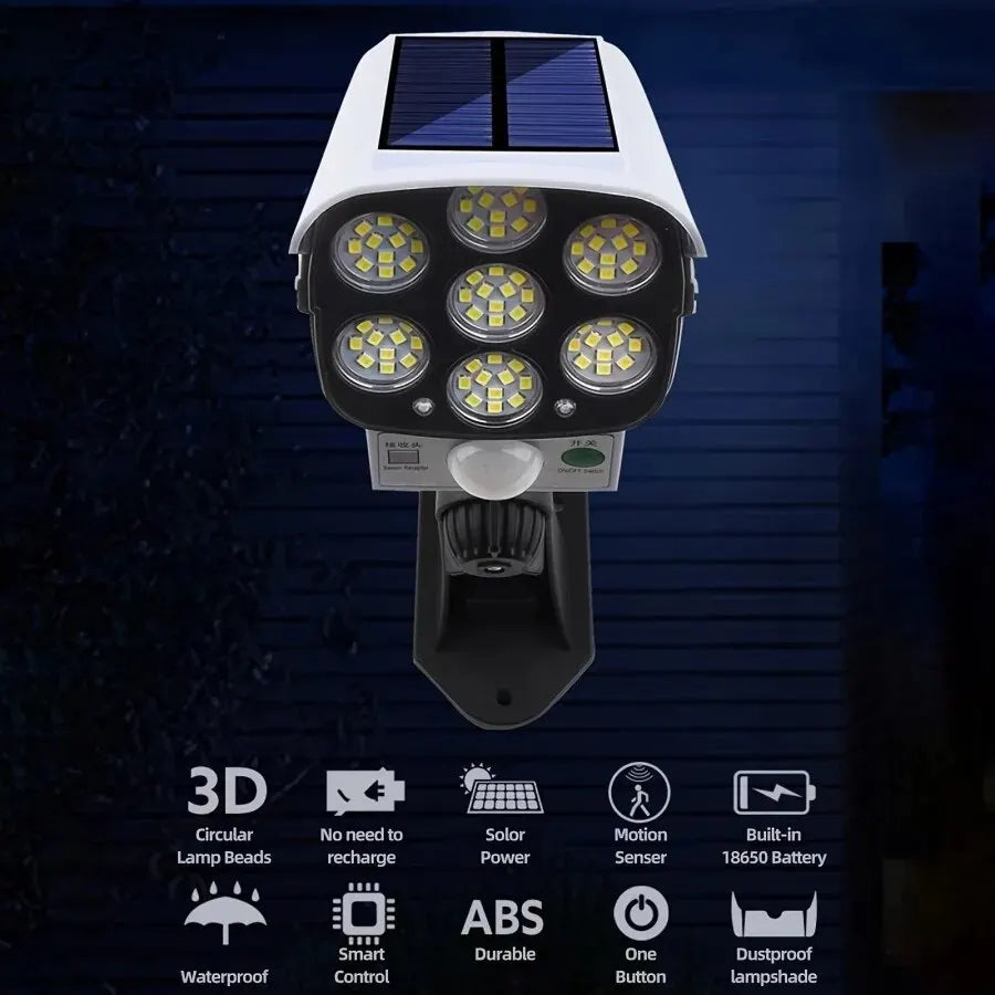 Cámara de Seguridad Ficticia con Foco Solar - 77 LED de Alta Potencia y Sensor de Movimiento - Protección Disuasoria Impermeable para Exteriores
