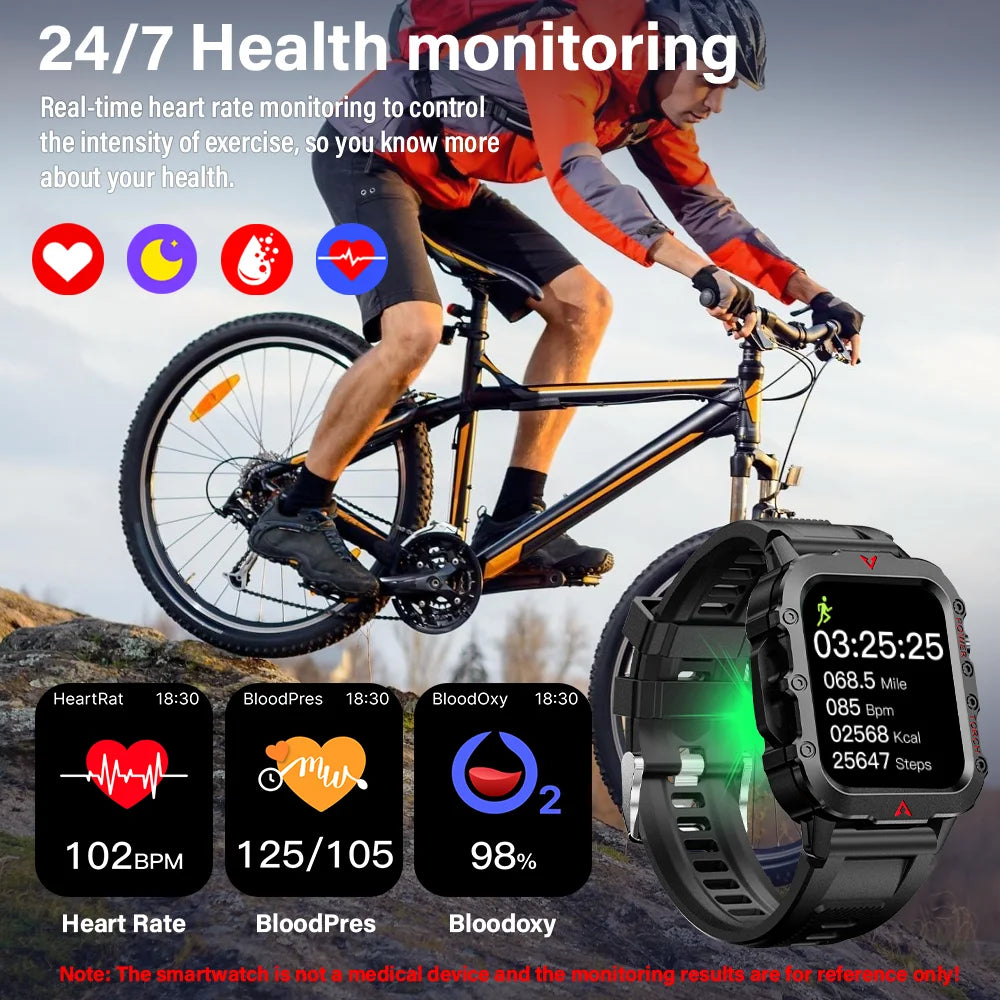 Smartwatch Táctico para Exteriores - Linterna LED Integrada, Monitoreo de Salud y Modos Deportivos de Alto Rendimiento