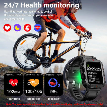 Smartwatch Táctico para Exteriores - Linterna LED Integrada, Monitoreo de Salud y Modos Deportivos de Alto Rendimiento