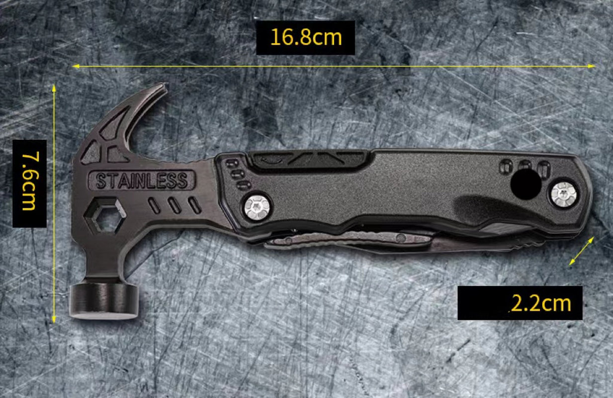 Herramienta Multiusos Táctica - Martillo y Alicates Plegables de Acero Inoxidable - Equipo de Emergencia y Camping 12-en-1