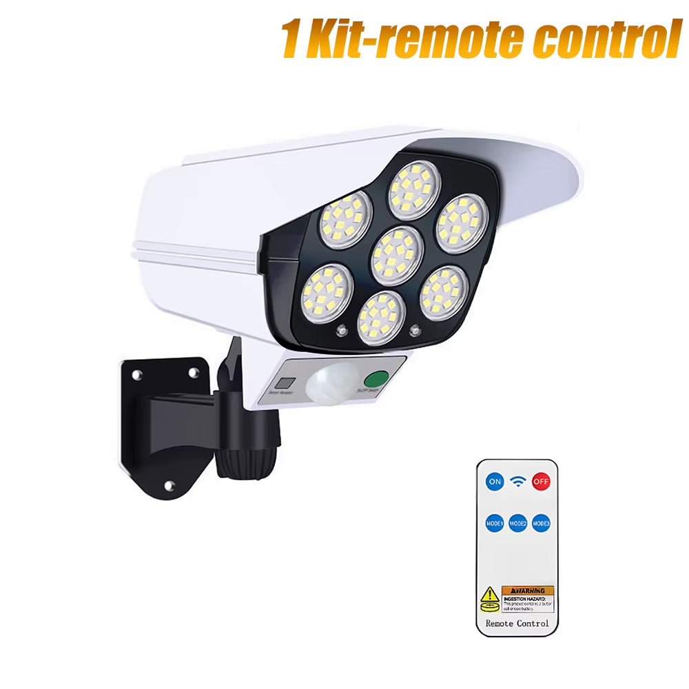 Cámara de Seguridad Ficticia con Foco Solar - 77 LED de Alta Potencia y Sensor de Movimiento - Protección Disuasoria Impermeable para Exteriores