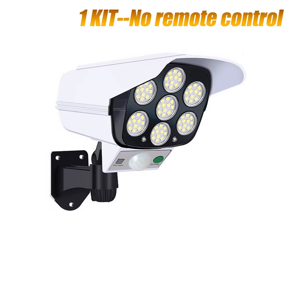 Cámara de Seguridad Ficticia con Foco Solar - 77 LED de Alta Potencia y Sensor de Movimiento - Protección Disuasoria Impermeable para Exteriores