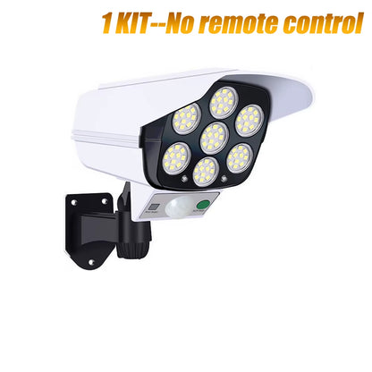 Cámara de Seguridad Ficticia con Foco Solar - 77 LED de Alta Potencia y Sensor de Movimiento - Protección Disuasoria Impermeable para Exteriores