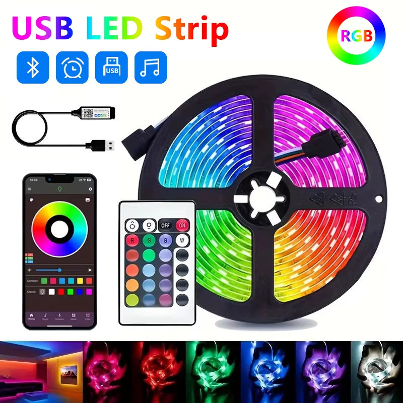 DC5V RGB LED Strip Light 1/2/3/4/5/10M USB 24Key Bluetooth Remote Control Flexible Lamp Tape for TV Background Home Decor