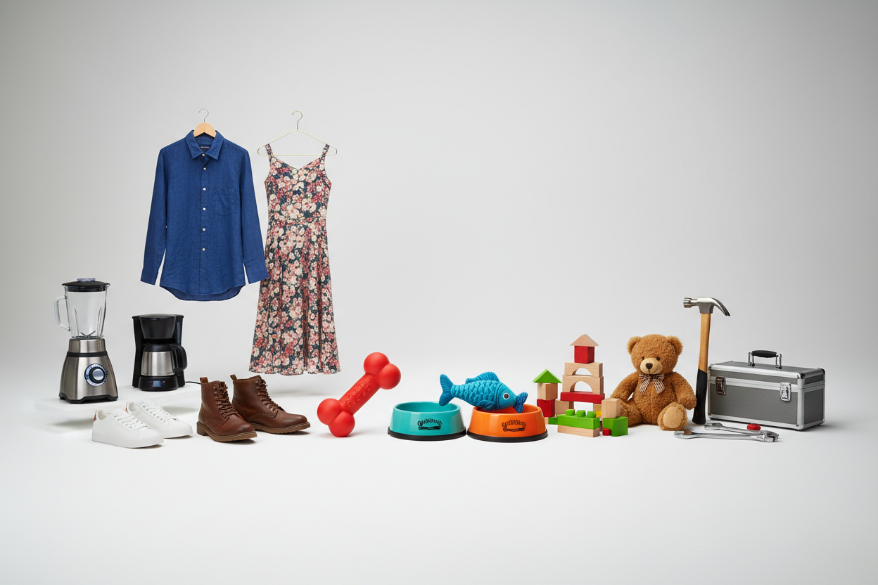 genera una imagen para lasokor en la cual incluyas conceptos didacticos de productos para amscotas, juguenetes , electrodomesticos, ropa, calzado, herramientas, etc, que la imagen sea en la definicion mas alta posible y sea digna de ser el fondo principal de la pagina de la tienda